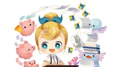 Rule 34 | 1girl, :3, :d, alpha transparency, animal, aqua eyes, aqua ribbon, artist request, axolotl, bad source, blonde hair, blush, book, buttons, collared shirt, fanbox, fish, holding, holding pen, jellyfish, looking at animal, no nose, octopus, official art, open mouth, paper, pen, pixiv, ribbon, shirt, short sleeves, smile, solid circle eyes, solo, suspenders, updo, white shirt