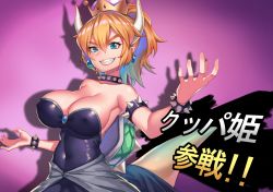 Rule 34 | &gt;:), 1girl, armlet, armpits, bare shoulders, black dress, blonde hair, blue brooch, blue eyes, bowsette, bracelet, breasts, character name, cleavage, clenched teeth, collar, collarbone, commentary, covered erect nipples, covered navel, crown, dress, earrings, eyelashes, gradient background, grin, hair between eyes, horns, hrtyuk, jewelry, large breasts, looking at viewer, mario (series), mini crown, new super mario bros. u deluxe, nintendo, outstretched arms, parody, pointy ears, ponytail, purple background, sharp teeth, skin tight, smile, spiked armlet, spiked bracelet, spiked collar, spiked shell, spikes, spread arms, strapless, strapless dress, super crown, super smash bros., tail, teeth, translated