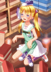 Rule 34 | 1girl, bad id, bad pixiv id, blonde hair, blue eyes, blush, highres, object on head, okina ika, original, shoe on head, shoes, sneakers, solo, twintails
