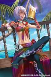Rule 34 | 1girl, :d, alcohol, arm support, armpits, beach, beer, beer mug, bench, bikini, bikini top only, black thighhighs, blue sky, boots, breasts, castle, cloud, collar, crossed legs, cup, day, drink, fang, flower, front-tie top, gloves, glowing, holding, ione delfini, laughing, lens flare, looking at viewer, mug, multicolored eyes, navel, neon trim, ocean, official art, open mouth, outdoors, palm tree, pink eyes, railing, sarong, short hair, silver hair, sitting, sky, small breasts, smile, solo, square enix, star galaxy, sun, swimsuit, terumii, thigh boots, thighhighs, tree, water, wide hips, yellow eyes