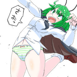 Rule 34 | 1girl, aono3, breasts, cape, cold, green eyes, green hair, matching hair/eyes, no pants, open mouth, panties, short hair, simple background, solo, striped clothes, striped panties, touhou, underwear, white background, wriggle nightbug