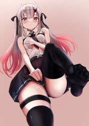 Rule 34 | 1girl, :&lt;, absurdres, armpit crease, bare arms, belt, between breasts, black belt, black choker, black necktie, black ribbon, black thighhighs, blush, breasts, choker, closed mouth, collared shirt, commentary request, covering breasts, covering crotch, covering privates, curvy, demon girl, demon horns, earrings, embarrassed, feet, foot out of frame, foreshortening, from below, gradient hair, grey hair, hair between eyes, hair ornament, hair ribbon, hand up, highres, hololive, horns, jewelry, leg up, long hair, looking at viewer, looking down, medium breasts, miniskirt, multicolored hair, nakiri ayame, necktie, necktie between breasts, no shoes, pink background, pleated skirt, red eyes, red hair, ribbon, shirt, sidelocks, simple background, skin-covered horns, skindentation, skirt, skirt tug, sleeveless, sleeveless shirt, soles, solo, split mouth, straight hair, streaked hair, terra bose, thigh strap, thighhighs, thighs, toes, triangle earrings, twintails, virtual youtuber, white shirt, x hair ornament, zettai ryouiki