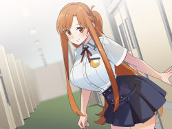 Rule 34 | 1girl, alternate costume, asuna (sao), black skirt, breasts, brown eyes, brown hair, buttons, cowboy shot, double-breasted, highres, indoors, large breasts, leaning forward, long hair, looking at viewer, neck ribbon, pleated skirt, red ribbon, ribbon, school uniform, shirt, skirt, smile, solo, sword art online, vogel schwein, watermark, web address, white shirt
