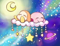 Rule 34 | 2others, blush stickers, closed eyes, cloud, crescent moon, dot mouth, kinuyo (kinuxi), kirby, kirby (series), moon, multiple others, nintendo, no humans, on cloud, saturn (planet), sleeping, space, star (sky), star (symbol), waddle dee
