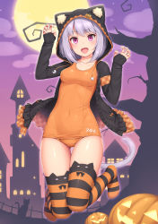 Rule 34 | 1girl, :d, animal ear legwear, animal hood, breasts, cat ear legwear, cat hood, cat tail, claw pose, collarbone, commentary request, drawstring, full body, full moon, gluteal fold, halloween, highres, hood, hood up, hooded jacket, jacket, light purple hair, long sleeves, looking at viewer, medium breasts, medium hair, moon, no shoes, one-piece swimsuit, open mouth, orange one-piece swimsuit, original, pumpkin, purple eyes, sasaame, smile, solo, striped clothes, striped thighhighs, swimsuit, tail, thigh gap, thighhighs, tree