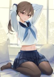 Rule 34 | 1girl, arms up, backlighting, blue skirt, breasts, brown hair, brown pantyhose, crop top, crop top overhang, highres, icomochi, indoors, long hair, long sleeves, looking at viewer, medium breasts, midriff, miniskirt, navel, neckerchief, no shoes, original, pantyhose, parted lips, pleated skirt, ponytail, red eyes, sailor collar, school uniform, serafuku, shirt, sitting, skirt, solo, stomach, wariza, white shirt