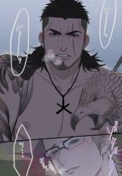 Rule 34 | 10s, 2boys, bed, blush, final fantasy, final fantasy xv, gladiolus amicitia, glasses, ignis scientia, looking at viewer, male focus, multiple boys, pov, sweat, tattoo, yaoi