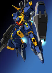 absurdres barzam beam_rifle blue_sky energy_gun flying gradient_background gundam highres kuroneko_koubou machinery mecha mecha_focus mobile_suit no_humans one-eyed radio_antenna robot science_fiction shield sky thrusters titans_(gundam) weapon zeta_gundam zeta_gundam_define