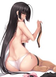 Rule 34 | 10s, 1girl, ass, back, bad anatomy, black hair, bow, breasts, brown eyes, butt crack, covering privates, covering breasts, female focus, from behind, hair bow, kantai collection, large breasts, long hair, low-tied long hair, nakano sora, no shoes, panties, shouhou (kancolle), side-tie panties, simple background, sitting, solo, thighhighs, underwear, undressing, very long hair, white background, yokozuwari