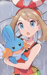 Rule 34 | 1girl, :o, bare shoulders, blue eyes, bow, brown hair, creatures (company), eyelashes, game freak, gen 3 pokemon, hair bow, highres, holding, holding pokemon, looking at viewer, may (pokemon), mudkip, nintendo, open mouth, pokemon, pokemon (creature), pokemon oras, rain, red bow, red shirt, sarada (supersarada zin), shirt, sleeveless, sleeveless shirt, upper body