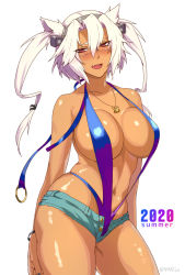 Rule 34 | 1girl, alternate costume, anchor necklace, breasts, cleavage, dark skin, dark-skinned female, fang, glasses, hair between eyes, highres, jewelry, kantai collection, large breasts, musashi (kancolle), navel, necklace, non (nonzile), platinum blonde hair, red eyes, short hair with long locks, short shorts, shorts, slingshot swimsuit, solo, swimsuit, tall, twintails, two side up