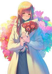 Rule 34 | 07nono06, 1girl, absurdres, anemone (flower), black dress, blue flower, blue scarf, blush, bouquet, brown eyes, brown hair, closed mouth, coat, colorful, cowboy shot, dress, flower, grey coat, highres, holding, holding bouquet, hugging object, long dress, long hair, long sleeves, looking at viewer, open clothes, open coat, orange flower, original, own hands together, pink flower, red flower, scarf, simple background, smile, solo, straight hair, white background