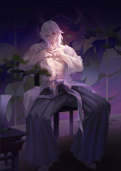 Rule 34 | 1boy, abs, absurdres, armlet, blurry, bonsai, chair, depth of field, earrings, facial mark, green nails, hair down, hakama, hands up, highres, indoors, interlocked fingers, japanese clothes, jewelry, kimetsu no yaiba, long sleeves, looking at viewer, male focus, medium hair, multicolored nails, multiple earrings, nail polish, navel, open clothes, open shirt, own hands together, pleated pants, purple eyes, red nails, sandals, sash, see-through, shirt, sitting, smile, solo, stool, sunlight, tabit, tatami, toned, toned male, uzui tengen, wallpaper (object), white hair, white legwear, white shirt, zm-panda-, zouri