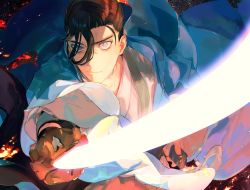 Rule 34 | 1boy, eyes visible through hair, fate (series), fighting stance, grey eyes, haori, holding, holding sword, holding weapon, incoming attack, japanese clothes, kibadori rue, looking at viewer, male focus, serious, shinsengumi, solo, swept bangs, sword, weapon, yamanami keisuke (fate)