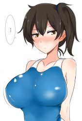 Rule 34 | 10s, 1girl, alternate costume, arms at sides, bare arms, bare shoulders, black hair, blue one-piece swimsuit, blush, breasts, brown eyes, closed mouth, collarbone, competition swimsuit, covered erect nipples, frown, hair between eyes, kaga (kancolle), kantai collection, large breasts, looking at viewer, nose blush, one-piece swimsuit, poshi (ginmokusei), side ponytail, solo, swimsuit, upper body