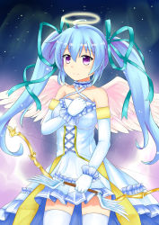 Rule 34 | 1girl, absurdres, ahoge, angel, angel wings, aqua ribbon, bare shoulders, blue hair, blush, bow (weapon), breasts, closed mouth, collar, collarbone, commentary request, criss-cross halter, detached collar, dress, elbow gloves, feathered wings, feiyyx, frilled collar, frilled dress, frills, gloves, hair between eyes, hair ribbon, halo, halterneck, highres, holding, holding bow (weapon), holding weapon, long hair, looking at viewer, medium breasts, miruno (sennen sensou aigis), pink wings, purple eyes, ribbon, sennen sensou aigis, sidelocks, sleeveless, sleeveless dress, smile, solo, thighhighs, twintails, very long hair, weapon, white dress, white gloves, white thighhighs, wings