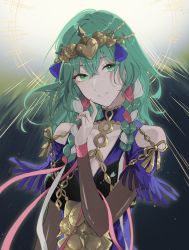 Rule 34 | 1girl, blue dress, braid, breasts, byleth (female) (fire emblem), byleth (fire emblem), circlet, clothing cutout, commentary, cosplay, dress, fire emblem, fire emblem: three houses, fire emblem heroes, gold trim, green eyes, green hair, highres, long hair, looking at viewer, medium breasts, multicolored hair, nintendo, official alternate costume, pana (87), parted lips, pink hair, pink ribbon, ribbon, shoulder cutout, side braids, smile, solo, sothis (fire emblem), sothis (fire emblem) (cosplay), twin braids, upper body, white hair, white ribbon