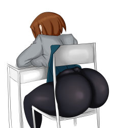 Rule 34 | 1girl, absurdres, ass, boku no hero academia, breast press, breasts, brown eyes, brown hair, chair, desk, highres, huge ass, large breasts, lord lince, pantyhose, school uniform, short hair, sitting, skirt, solo, thick thighs, thighs, u.a. school uniform, uraraka ochako, white background