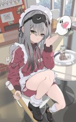 Rule 34 | 1girl, :3, ankle boots, apron, artist name, blowing kiss, boots, cafe, cleaning brush, coffee, frima (nikke), full body, goddess of victory: nikke, grey hair, hair between eyes, heart, highres, holding, indoors, jacket, jersey maid, kunikuni (kunihiro2005), label, long hair, long sleeves, looking at viewer, loose socks, maid, maid apron, maid headdress, mask, mask on head, off shoulder, puffy long sleeves, puffy sleeves, red jacket, red shorts, short shorts, shorts, sleep mask, socks, solo, sticker, track jacket, track suit, unconventional maid, vending machine, very long hair