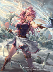 Rule 34 | 1girl, armlet, armor, boots, cloud, cloudy sky, commentary request, company connection, copyright name, cross-laced footwear, cuboon, dress, fingerless gloves, fire emblem, fire emblem: the sacred stones, fire emblem cipher, gloves, helmet, holding, holding sword, holding weapon, knee boots, lace-up boots, lips, long hair, marisa (fire emblem), multiple boys, nintendo, official art, outdoors, ponytail, purple eyes, purple hair, sheath, short dress, sky, sleeveless, sword, thigh strap, thighs, weapon
