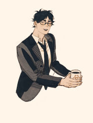 Rule 34 | 1boy, akaashi keiji, black hair, black jacket, black necktie, blue eyes, chengongzi123, collared jacket, collared shirt, cropped torso, cup, drink, glasses, haikyuu!!, hands up, highres, holding, holding cup, holding drink, jacket, long sleeves, looking at viewer, male focus, mug, necktie, open mouth, shirt, short hair, simple background, very short hair, white shirt, yellow background