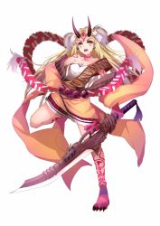 Rule 34 | &gt;:o, 1girl, :o, bare shoulders, blade, blonde hair, breasts, cleavage, earrings, facial mark, fangs, fate/grand order, fate (series), full body, hand on own hip, horns, ibaraki douji (fate), japanese clothes, jewelry, kameponde, kimono, long hair, looking at viewer, off shoulder, oni, open mouth, orange eyes, sharp toenails, solo, tattoo, toenails, v-shaped eyebrows, white background