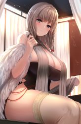 Rule 34 | 1girl, azur lane, bare shoulders, blush, breasts, brown hair, charybdis (azur lane), charybdis (red chamber of healing) (azur lane), cleavage, closed mouth, feather boa, highres, huge breasts, indoors, looking at viewer, manda (manda9n), mimikaki, official alternate costume, sitting, smile, solo, thighhighs, white thighhighs