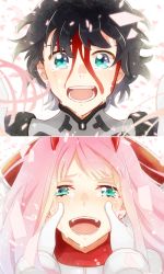 Rule 34 | 10s, 1boy, 1girl, black hair, blood, blood on face, bodysuit, couple, crying, crying with eyes open, darling in the franxx, gloves, green eyes, happy, hetero, hiro (darling in the franxx), horns, long hair, open mouth, pilot suit, pink hair, red bodysuit, short hair, smile, spoilers, tears, temaroppu (ppp 10cc), zero two (darling in the franxx)