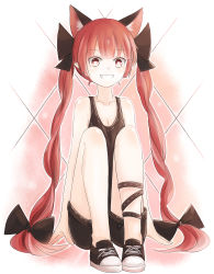 Rule 34 | 1girl, aaaabo, absurdres, alternate costume, animal ears, bad id, bad pixiv id, braid, cat ears, cat girl, collarbone, extra ears, female focus, full body, grin, hair ribbon, highres, kaenbyou rin, leg ribbon, long hair, looking at viewer, no socks, pointy ears, red eyes, red hair, ribbon, shoes, shorts, sitting, smile, sneakers, solo, tank top, touhou, twin braids, very long hair