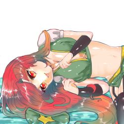 Rule 34 | 1girl, black thighhighs, breasts squeezed together, breasts, cleavage, female focus, hat, unworn hat, unworn headwear, hong meiling, large breasts, long hair, lying, midriff, on side, partially submerged, red eyes, red hair, rog92, smile, solo, star (symbol), thighhighs, touhou