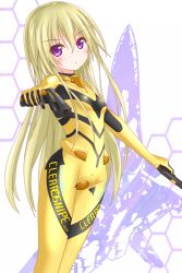 Rule 34 | 10s, 1girl, blonde hair, bodysuit, breasts, brown eyes, dual wielding, gun, heavy object, highres, holding, langley1000, long hair, mariydi whitewitch, small breasts, solo, weapon