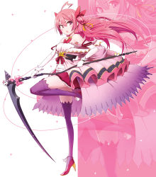 Rule 34 | 1girl, ahoge, bad id, bad pixiv id, bare shoulders, bow, dress, hair bow, hair ornament, high heels, highres, holding, holding weapon, leg up, magical girl, open mouth, original, pemu, pink eyes, pink hair, pomon illust, scythe, skirt, solo, standing, standing on one leg, weapon