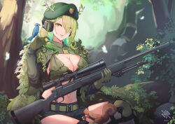 Rule 34 | 1girl, 2023, antlers, antlers through headwear, artist logo, belt, beret, bikini, bird, black shorts, blue jay, blurry, blurry background, bolt action, braid, braided bangs, breasts, buckle, bush, ceres fauna, cleavage, commentary, day, english commentary, eyes visible through hair, forest, gloves, green belt, green bikini, green gloves, green hair, green hat, gun, hair over one eye, hand up, hat, headphones, highres, hiroki ree, holding, holding gun, holding weapon, hololive, hololive english, horns, knee pads, large breasts, leaf, long bangs, long hair, long sleeves, looking at viewer, midriff, mole, mole under eye, nature, navel, outdoors, parted lips, remington model 700, rifle, rock, scope, shorts, shrug (clothing), sitting, smile, snap-fit buckle, sniper rifle, solo, squirrel, swimsuit, tree, virtual youtuber, weapon, yellow eyes