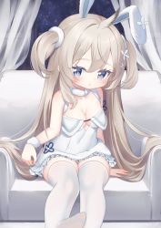 Rule 34 | 1girl, :o, animal ears, armchair, azur lane, bare shoulders, blue eyes, blush, breasts, brown hair, chair, cleavage, collarbone, commentary request, covered navel, curtains, dress, feet out of frame, flower, frilled dress, frills, hair between eyes, hair flower, hair ornament, highres, kokone (coconeeeco), looking at viewer, medium breasts, no shoes, official alternate costume, on chair, parted lips, rabbit ears, sitting, sky, soles, solo, star (sky), starry sky, thighhighs, two side up, umikaze (azur lane), umikaze (soft and fluffy therapy) (azur lane), white dress, white flower, white thighhighs