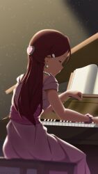 1girl absurdres artist_request birthday closed_eyes dress highres instrument long_hair looking_at_viewer love_live! piano red_hair sakurauchi_riko sitting smile solo