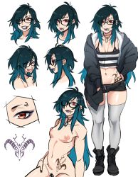 Rule 34 | 1girl, agawa ryou, bikini, bikini top only, black nails, blue hair, blush, boots, breasts, censored, cleavage, clenched teeth, closed mouth, eyebrow piercing, eyes visible through hair, eyeshadow, feet, full body, hair over one eye, hand in pocket, highres, hood, hooded jacket, jacket, k-chan (agawa ryou), legs, lip piercing, lipstick, long hair, looking at viewer, makeup, model sheet, nail polish, navel, nipples, nude, original, piercing, purple lips, red eyes, short shorts, shorts, simple background, small breasts, smile, solo, striped, swimsuit, tattoo, teeth, thighhighs, thighs, thong, tongue, tongue out, tongue piercing, white background, white thighhighs, zettai ryouiki