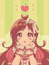 Rule 34 | 1girl, :o, antenna hair, apple, blush stickers, bow, bowtie, braid, brown hair, chagi chage, clenched hands, food, french braid, fruit, hair bow, hairband, hands on own cheeks, hands on own face, happy birthday, idol, idolmaster, idolmaster cinderella girls, long hair, looking at object, looking up, outline, puffy short sleeves, puffy sleeves, short sleeves, solo, tsujino akari, two-tone background, upper body, very long hair, wrist cuffs
