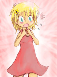 Rule 34 | 1girl, :o, blonde hair, child, dress, green eyes, hair ornament, hairclip, nac0n, open mouth, original, pink background, pink skirt, pink theme, short hair, skirt, solo, surprised