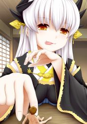 Rule 34 | absurdres, black gold, cg17, fate (series), giant, giant hand, giantess, helpless, highres, in mouth, japanese clothes, kimono, kiyohime (fate), looking down, microphilia, mini person, miniboy, on table, orange eyes, person in mouth, smile, soft vore, table, tasting, teasing, tongue, tongue out, vore, white hair