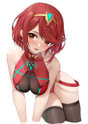 Rule 34 | 1girl, absurdres, bare shoulders, black thighhighs, blush, breasts, chest jewel, collarbone, competition swimsuit, earrings, highleg, highleg swimsuit, highres, jewelry, large breasts, looking at viewer, one-piece swimsuit, open mouth, pyra (xenoblade), red eyes, red hair, red one-piece swimsuit, shenqi xiao hong zai nali, short hair, sidelocks, simple background, smile, solo, swept bangs, swimsuit, thighhighs, thighs, tiara, white background, xenoblade chronicles (series), xenoblade chronicles 2