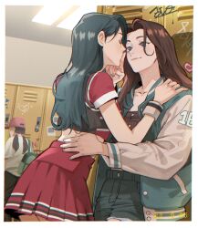 Rule 34 | 2girls, animification, brown eyes, cho mi-yeon, closed eyes, closed mouth, finger to another&#039;s mouth, g-i-dle, gracepago0314, hand on another&#039;s shoulder, highres, indoors, k-pop, locker, long hair, multiple girls, real life, school, segment display, yeh shuhua, yuri