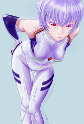 Rule 34 | 1girl, ajks, ayanami rei, bad id, bad pixiv id, bare shoulders, bent over, blue hair, breasts, covered erect nipples, elbow gloves, gloves, hands on own hips, looking down, neon genesis evangelion, plugsuit, purple hair, red eyes, short hair, simple background, small breasts, solo, thigh gap, thighs