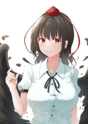Rule 34 | 1girl, bird wings, black hair, black ribbon, black wings, breasts, brown eyes, collared shirt, hat, highres, large breasts, looking at viewer, neck ribbon, pointy ears, pom pom (clothes), red eyes, ribbon, shameimaru aya, shirt, simple background, solo, tengu, tokin hat, touhou, upper body, white background, white shirt, wings, yukimaru ai
