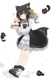 Rule 34 | 1girl, :q, absurdres, animal ear fluff, animal ears, ayaha 4780828, black choker, black hair, black skirt, black vest, boots, borrowed character, cat ears, cat girl, cat tail, cherry, choker, cream, cream on face, dress, food, food on face, fruit, full body, fur-trimmed boots, fur trim, highres, light brown hair, long hair, multicolored hair, original, overskirt, plate, simple background, skirt, tail, tongue, tongue out, two-tone hair, vest, white background, white dress, yellow eyes