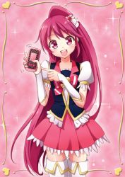 Rule 34 | 10s, 1girl, :d, aino megumi, bad id, bad pixiv id, bow, cure lovely, hair ornament, happinesscharge precure!, heart, heart hair ornament, long hair, magical girl, open mouth, pink background, pink bow, pink eyes, pink hair, pink skirt, ponytail, precure, skirt, smile, solo, thighhighs, very long hair, white thighhighs, wide ponytail, yukiya (shiya)