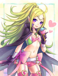 Rule 34 | 1girl, :q, black gloves, breasts, cape, cleavage, collarbone, cowboy shot, fire emblem, fire emblem awakening, food, garter straps, gloves, green hair, heart, high ponytail, ice cream, long hair, midriff, navel, nintendo, nowi (fire emblem), pink shorts, pink thighhighs, pointy ears, poshii (posy), purple eyes, short shorts, shorts, sideboob, solo, standing, stomach, thighhighs, tongue, tongue out, very long hair