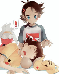 Rule 34 | !, !!, 2boys, ash ketchum, blue eyes, blush, brown hair, character print, closed mouth, commentary request, creatures (company), eyelashes, closed eyes, fingernails, game freak, gen 1 pokemon, gen 8 pokemon, goh (pokemon), hair ornament, highres, lap pillow, looking at another, looking down, multiple boys, nintendo, open mouth, pikachu, pokemon, pokemon (anime), pokemon (creature), pokemon journeys, print shirt, raboot, shirt, short sleeves, smile, tongue, usatchi (user paxg7323), white background