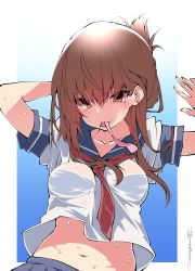 Rule 34 | 1girl, aged up, arms up, blue background, blue sailor collar, blue skirt, border, breasts, brown eyes, brown hair, commentary request, folded ponytail, gradient background, highres, inazuma (kancolle), kantai collection, long hair, looking at viewer, medium breasts, mouth hold, navel, pleated skirt, sailor collar, sakakiba misogi, school uniform, serafuku, skirt, solo, upper body, white border