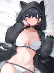 Rule 34 | 1girl, animal hood, bed sheet, black choker, black hair, black hoodie, black jacket, blue archive, blush, bob cut, bra, breasts, cat hood, choker, closed mouth, collarbone, colored inner hair, fingernails, groin, hair ornament, hairclip, halo, highres, hood, hooded jacket, hoodie, jacket, kazusa (blue archive), large breasts, long sleeves, looking to the side, lying, mindoll, multicolored hair, nail polish, navel, on back, open clothes, open hoodie, open jacket, panties, pink eyes, pink hair, red halo, sleeves past wrists, solo, stomach, strapless, strapless bra, sweat, thighs, two-tone hair, underwear, white bra, white panties