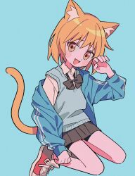 Rule 34 | 1girl, animal ears, black bow, blush stickers, bow, bowtie, cat ears, cat girl, cat tail, claw pose, coat partially removed, fang, highres, jacket, looking at viewer, open clothes, open jacket, orange eyes, orange hair, original, pleated skirt, red footwear, school uniform, skirt, solo, sweater vest, tail, track jacket, umipi